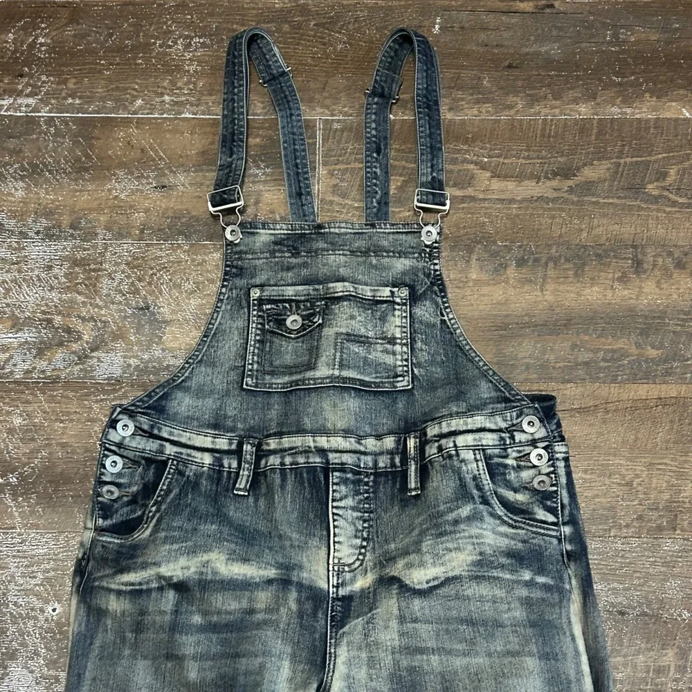 YMI Womens Slim Fit Acid Wash Denim Overalls Distressed Blue Size 13 Y2K Grunge